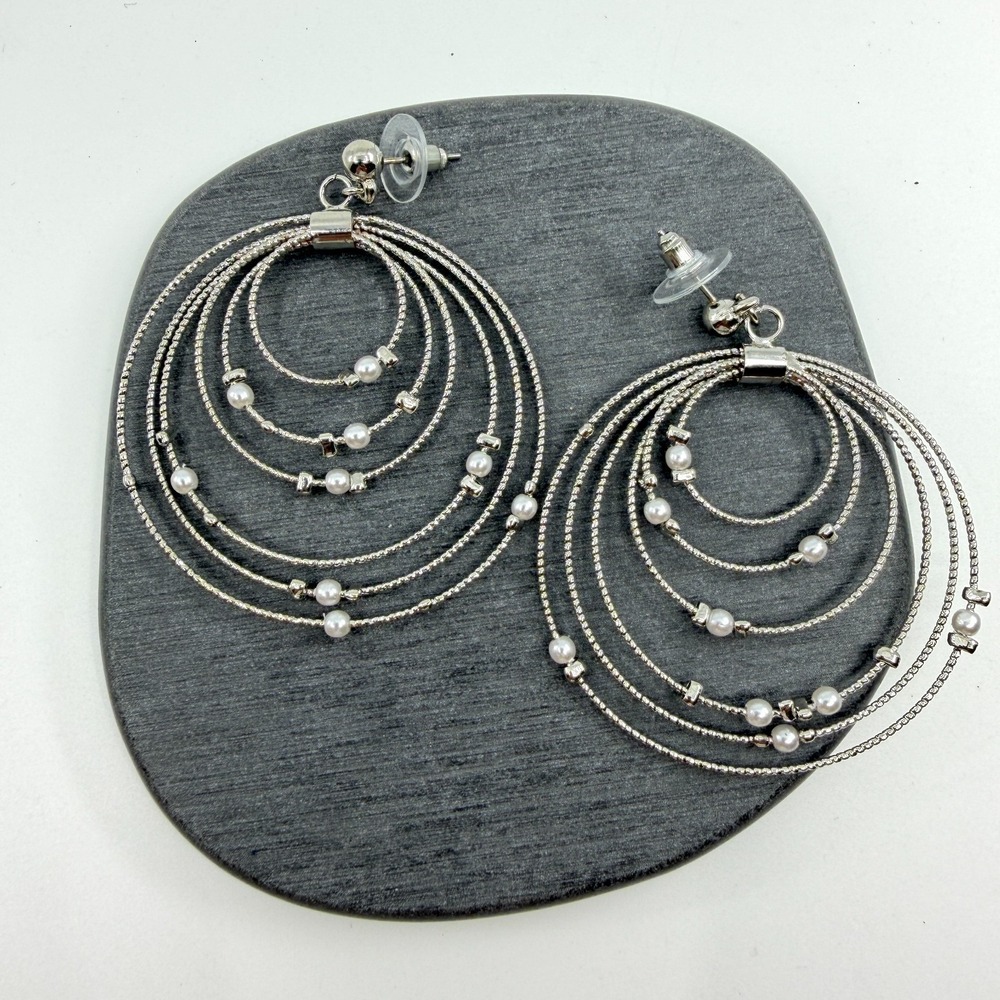 Earrings Silver Tone Multi Hoop Faux Pearl Beaded Dangle Statement Vintage Boho